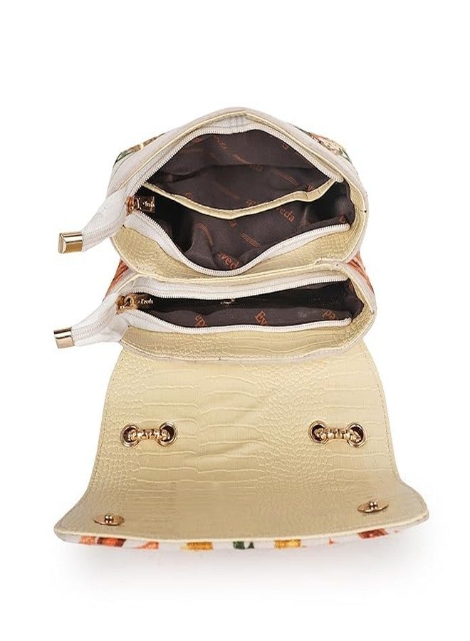EVEDA Synthetic Leather Stylish Fancy Gorgeous Embroidered Design Crossbody Gold Chain Side Sling Bag For Women (Cream) - Image 5